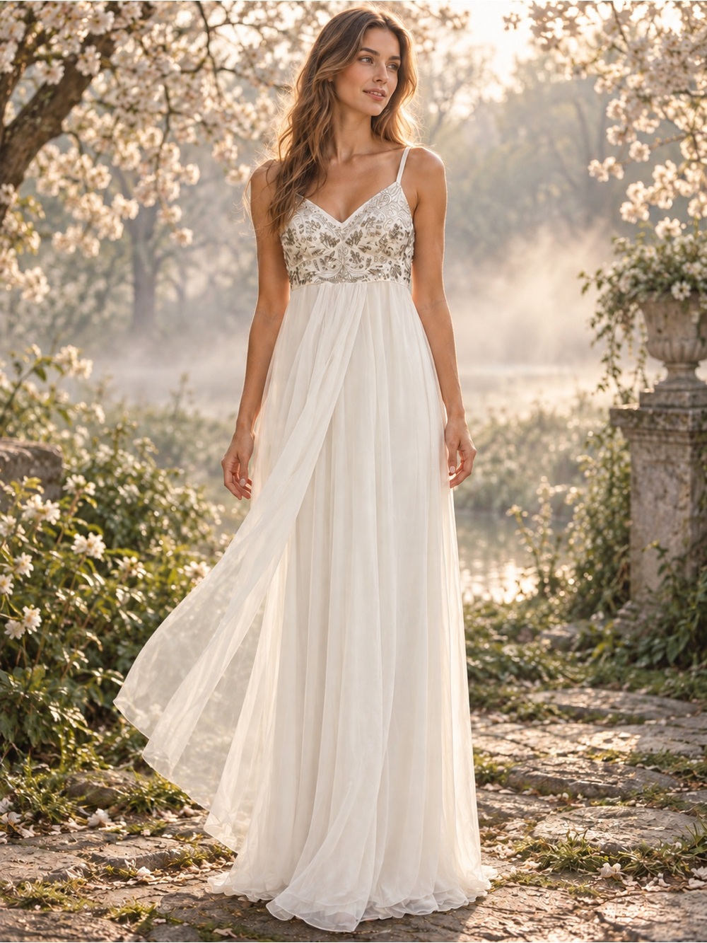 Sue Wong Studios White Beaded Rhinestone Airy Flowy White Dress Gown Angelic 2